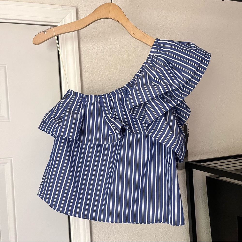 MISA blue white striped cotton blend ruffle asymmetrical one‎ shoulder crop top
